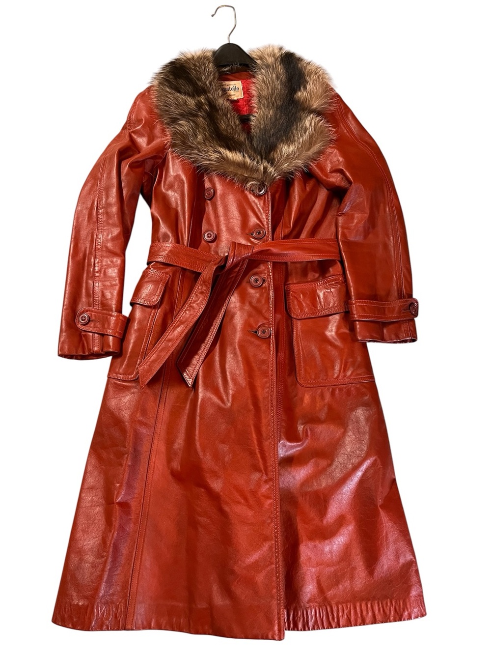 Vintage Red Leather Trench Coat with Fur Collar - BAGATELLE brand. Small